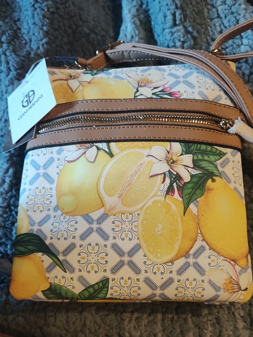 Giani Bernini Yellow Lemon Print Crossbody with Tan Trim